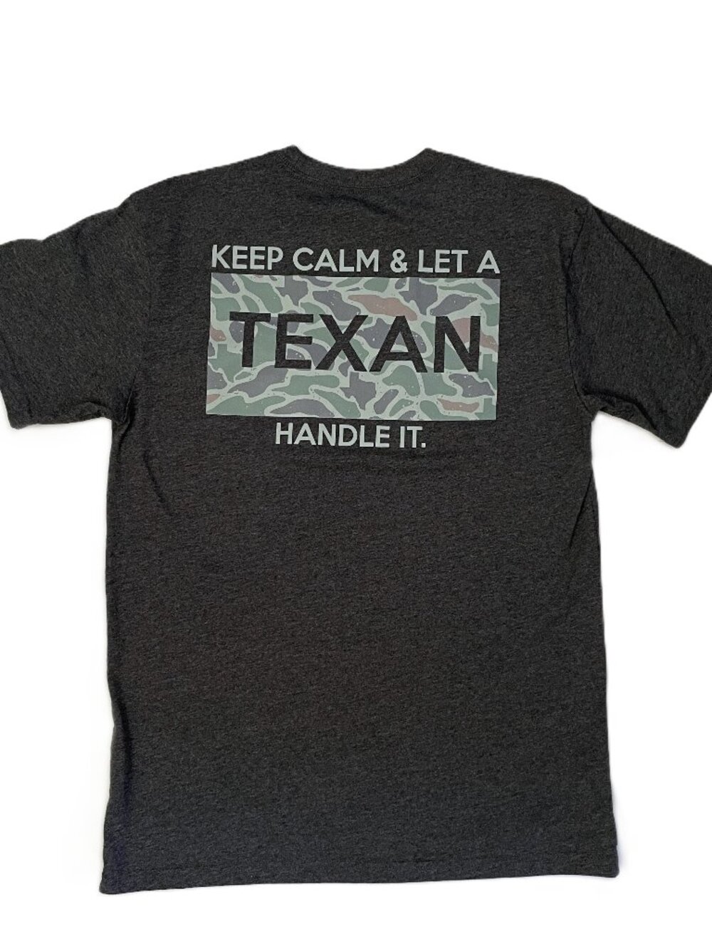 Burlebo T-Shirt Men M Dark Gray Camo "Keep Calm and Let a Texan Handle It" Texas